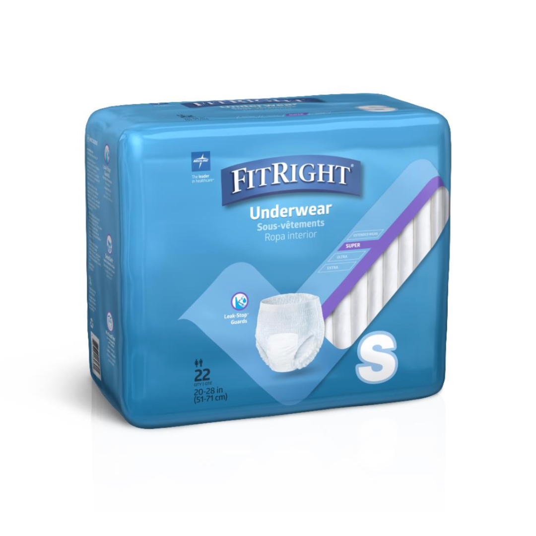 The FitRight Unisex Super Adult Incontinence Underwear - Heavy Absorbency is in blue packaging with a product image of its super absorbent core. Designed for comfort with anti-leak guards, it fits waists 20-28 inches (51-71 cm), comes in size small, and contains 22 pieces.